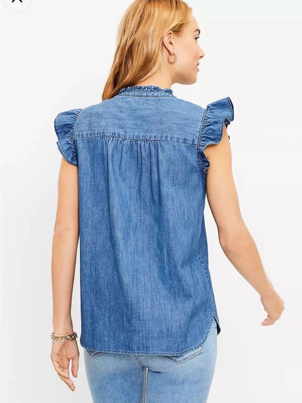 LOFT Denim Chambray Ruffle Trim Flutter Sleeves Top Sz M Boho Western Cottage - Picture 3 of 12